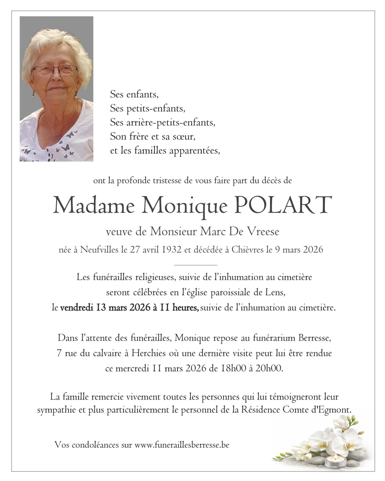 Madame Monique Polart – Funérailles Berresse & Fils